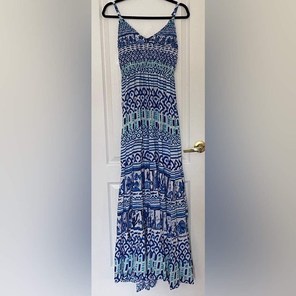 Blue and White Patterned Spaghetti-Strap Flowy Maxi Dress